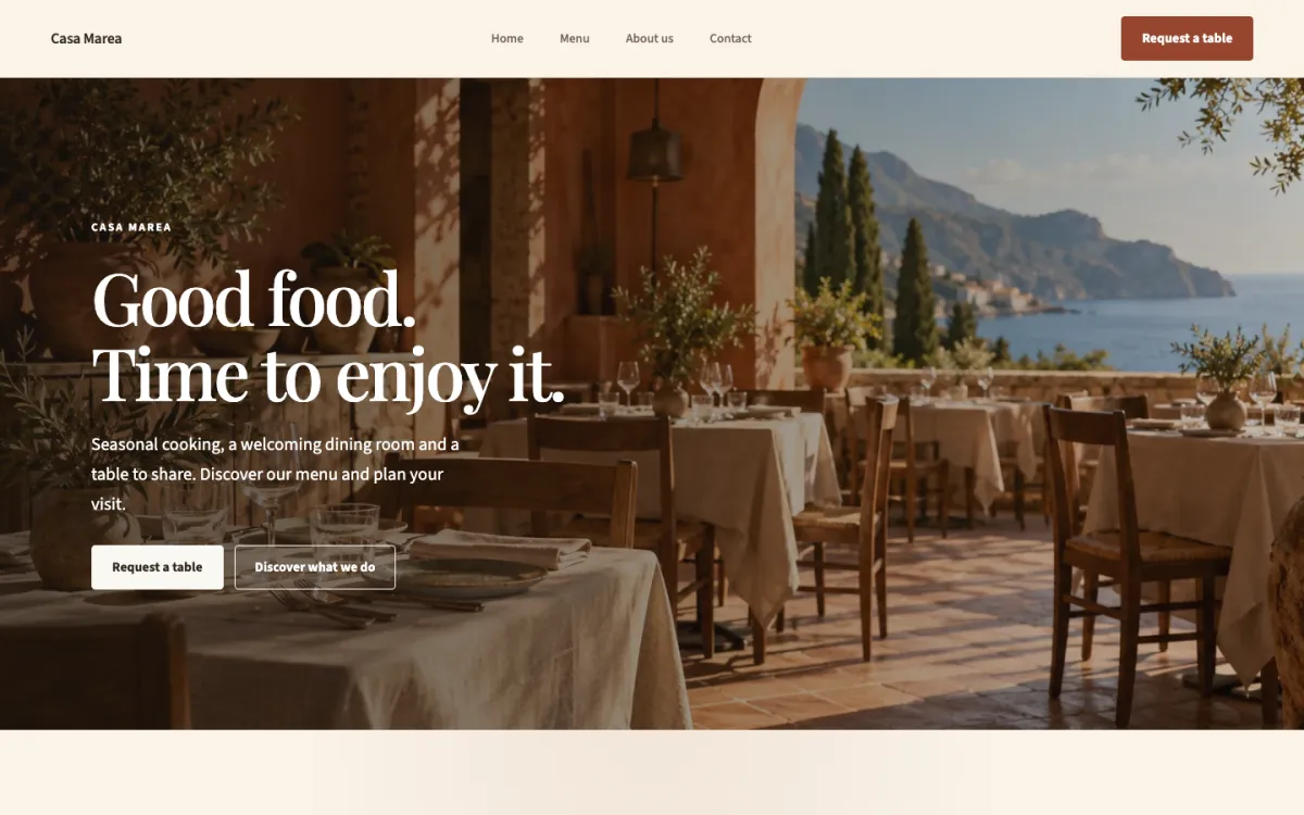 Harbor template showing the Casa Marea example website: restaurant homepage, navigation and booking call to action.