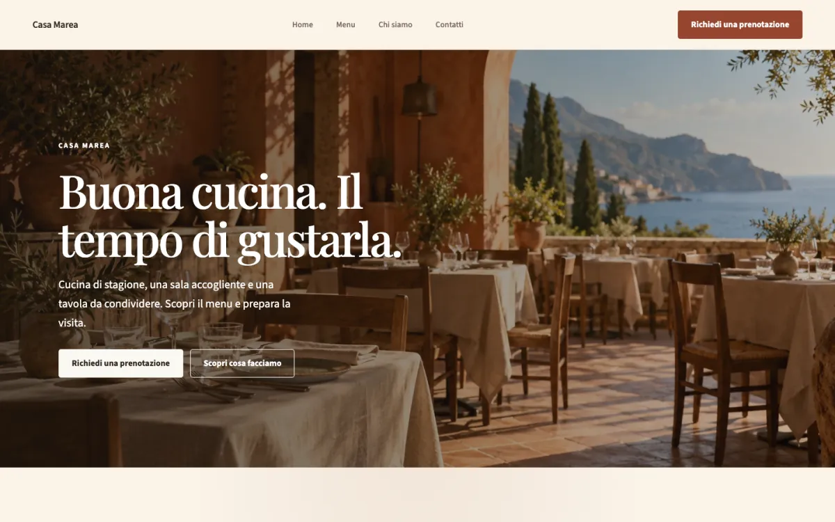 Modello Harbor con il sito di esempio Casa Marea: homepage di ristorante, navigazione e invito a prenotare.