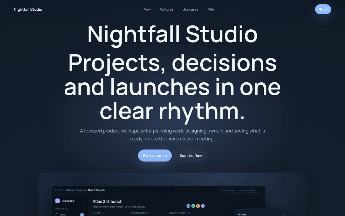 Plantilla Nightfall: web fosc de producte digital.